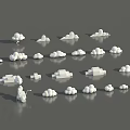 White Cloud Like Objects And Architectural Structures With Small Figure On Gray Background 3d model
