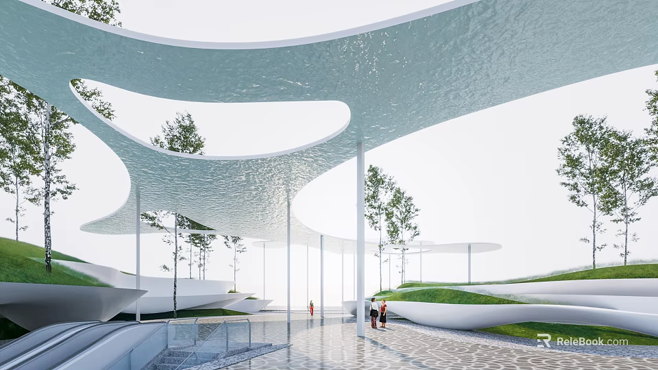 Modern White Wavy Roof Pergola with Green Trees Gray Paved Ground and People Walking 3d model 