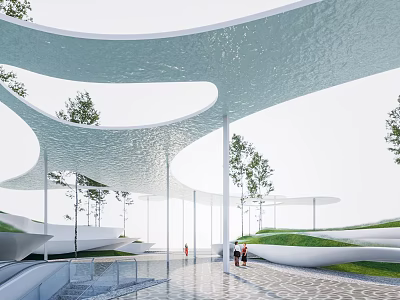 Modern White Wavy Roof Pergola with Green Trees Gray Paved Ground and People Walking 3d model