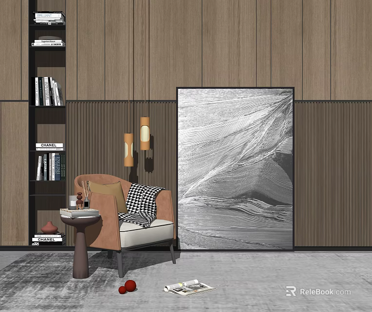 Single Sofa in Modern Living Room with Black White Abstract Painting Floor Lamp and Bookshelf 3d model 