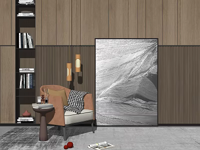Single Sofa in Modern Living Room with Black White Abstract Painting Floor Lamp and Bookshelf 3d model