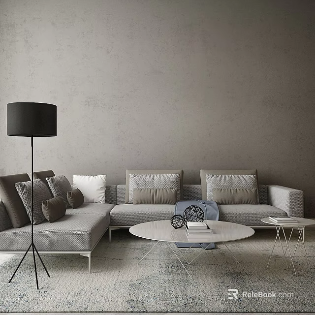 Gray L shaped Sofa And Round Coffee Table Set With Pillows Floor Lamp And Side Table 3d model