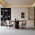 Modern Restaurant Interior With Round Dining Table Wooden Chairs Dark Bookshelf And Neutral Tones
