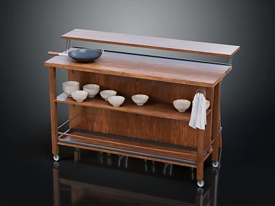 Wooden Kitchen Storage Cart With Multi Tiered Shelves White Bowls Towel And Wheels 3d model