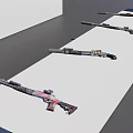 Various Types of Firearms Displayed on White Stands with Open Ammunition Box