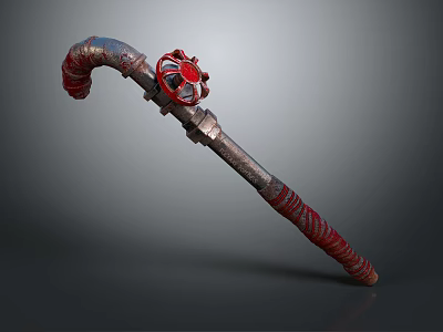 Industrial Metal Pipe With Red Valve Handle Curved Design And Textured Surface 3d model