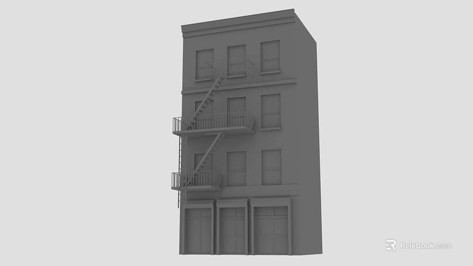 Three Story Building With Fire Escape Stairs And Garage Doors Front View 3d model 