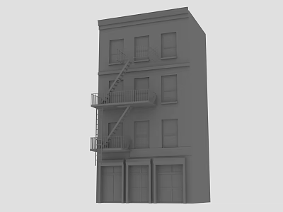 Three Story Building With Fire Escape Stairs And Garage Doors Front View 3d model