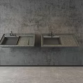Two Wall Mounted Concrete Modern Washbasins with Faucets on Grey Wall Background