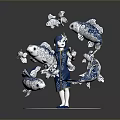 Blue and White Sculpture With Central Figure Surrounding Fish And Circular Patterned Base
