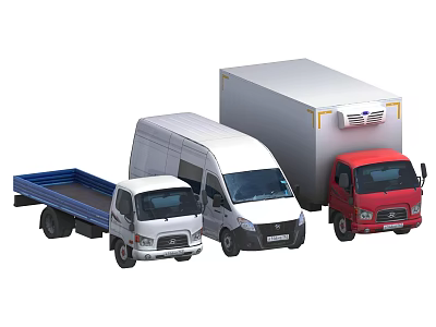 Different Types of Commercial Vehicles Including Flatbed Van and Refrigerated Truck 3d model