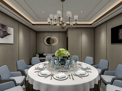 Private Dining Room Interior With Round Table White Tablecloth Green Flower Bouquet And Gray Chairs 3d model