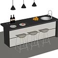 Modern Bar Counter With White Bar Stools Hanging Lights Fruits And Wine Bottles