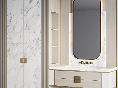 Modern Luxury Bathroom Washbasin With Marble Mirror Cabinet And Gold Accents 3d model