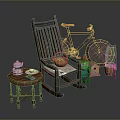 Rustic Rocking Chair Bicycle And Small Table With Tea Set Basket Gnome Potted Plant Birdhouse