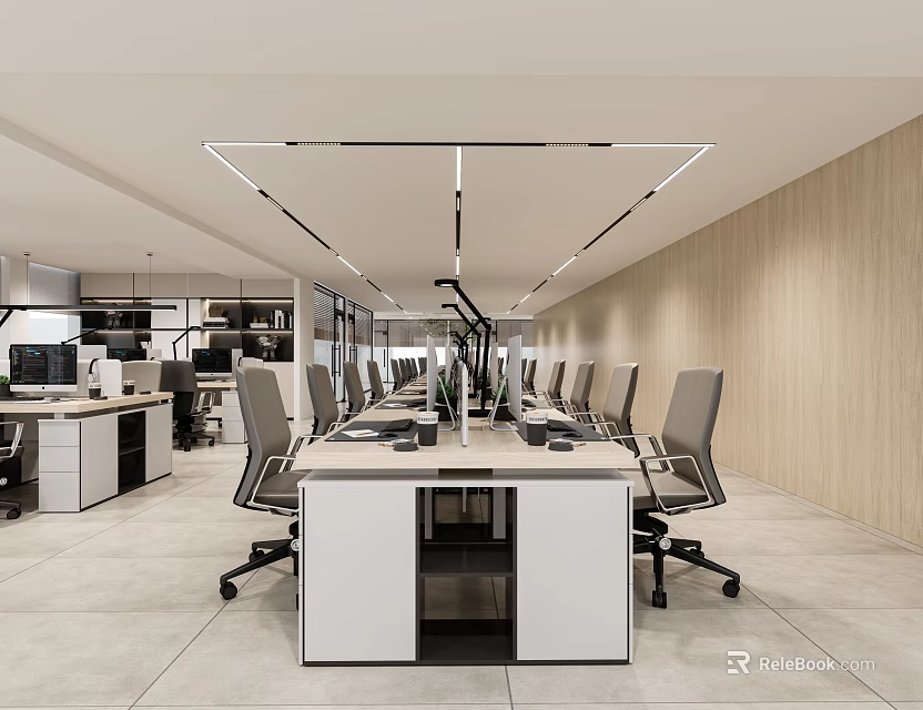 Spacious Public Office Area Interior With Long Desks Ergonomic Chairs Recessed Lighting And Wooden Walls 3d model 