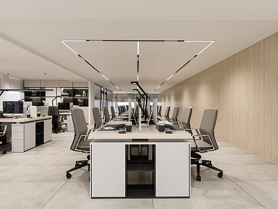 Spacious Public Office Area Interior With Long Desks Ergonomic Chairs Recessed Lighting And Wooden Walls 3d model