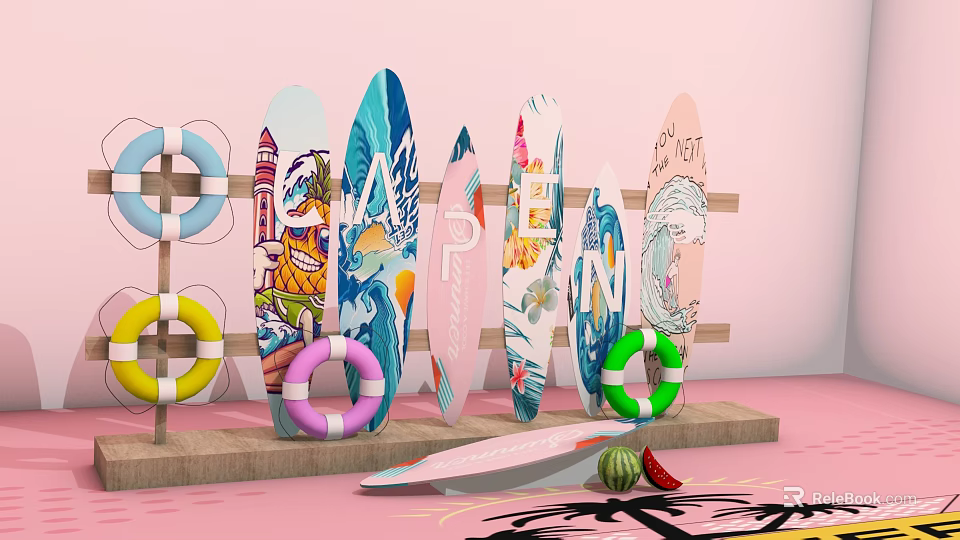 Colorful Outdoor Play Equipment With Surfboards Life Rings And Open 3d model 