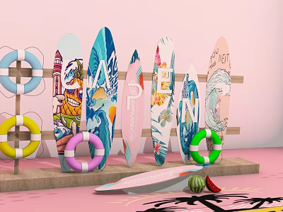 Colorful Outdoor Play Equipment With Surfboards Life Rings And Open 3d model