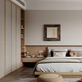 Modern Bedroom Interior With Rattan Wardrobe Wooden Bed Decorative Painting Pendant Light And Area Rug