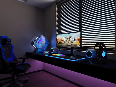 Gaming Desk Setup With RGB Lighting Monitor And Blue Gaming Chair Near Window Blinds 3d model