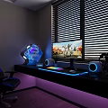 Gaming Desk Setup With RGB Lighting Monitor And Blue Gaming Chair Near Window Blinds