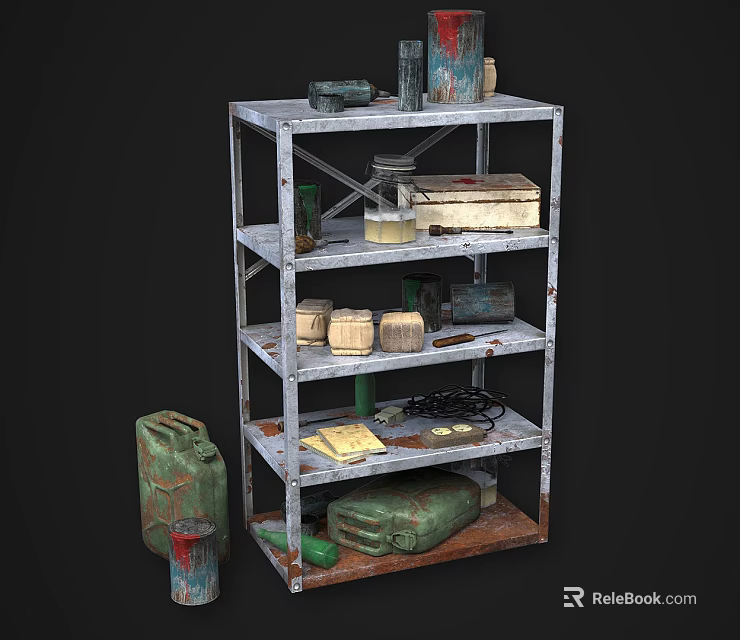 Industrial Equipment Storage Metal Rack With Multiple Shelves Holding Oil Drums Boxes Cans And Cables 3d model 