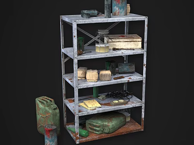 Industrial Equipment Storage Metal Rack With Multiple Shelves Holding Oil Drums Boxes Cans And Cables 3d model