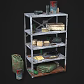 Industrial Equipment Storage Metal Rack With Multiple Shelves Holding Oil Drums Boxes Cans And Cables