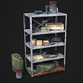 Industrial Storage Rack Realistic Factory Industrial Shelf Storage Rack Gasoline Barrel Wire Paint Barrel Spray Bottle Glass Bottle Notebook 3d model