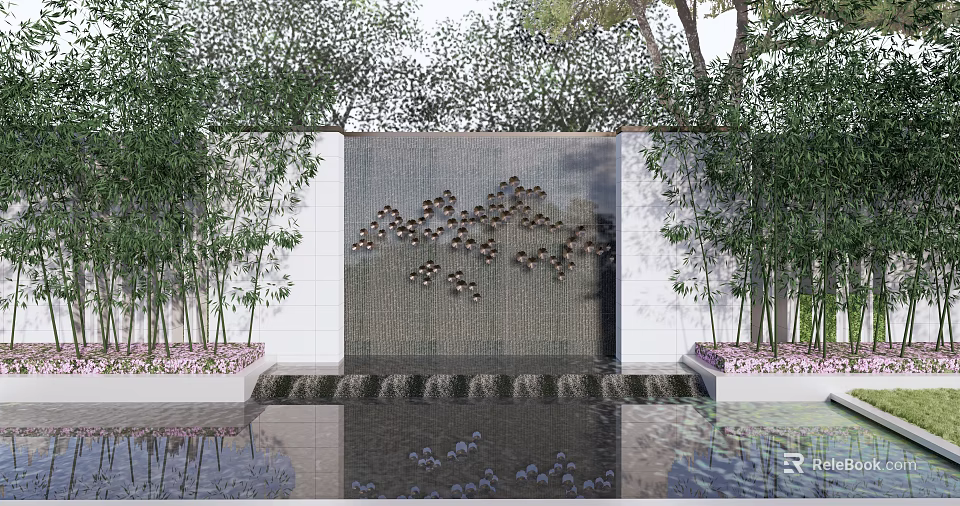 Scenic Feature Wall With Water Flow And Decorative Patterns Surrounded By Bamboo Greenery 3d model 