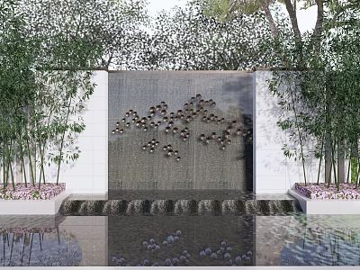 Scenic Feature Wall With Water Flow And Decorative Patterns Surrounded By Bamboo Greenery 3d model