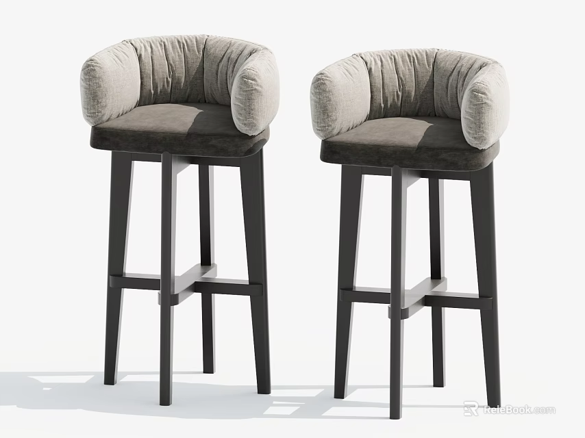 Pair of Modern Upholstered Bar Stools with High Backrest and Wooden Legs Design 3d model 