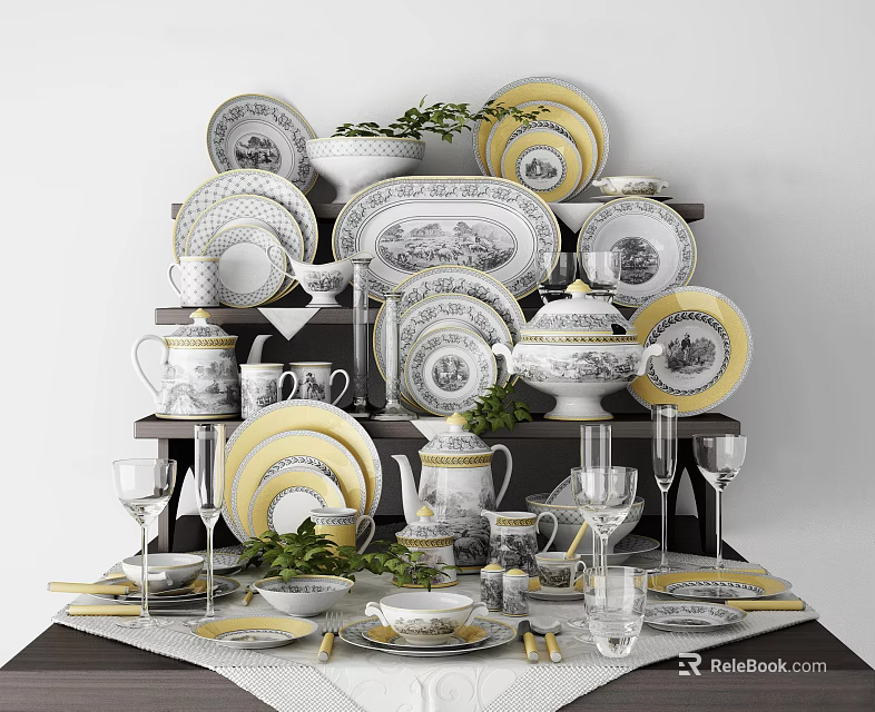 Elegant White Dinnerware Set With Yellow Rim Plates Teapot And Wine Glasses 3d model 