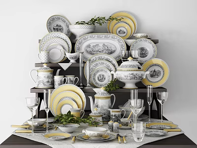 Elegant White Dinnerware Set With Yellow Rim Plates Teapot And Wine Glasses 3d model