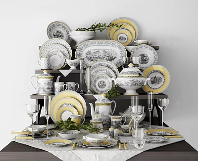 Elegant White Dinnerware Set With Yellow Rim Plates Teapot And Wine Glasses 3d model