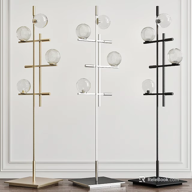 Gold Silver Black Modern Floor Lamps with Metal Frames and Glass Globe Shades 3d model 