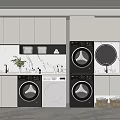 Modern Bathroom Cabinet Rack With White Cabinets Marble Countertop Washing Machine Dryer And Storage Baskets