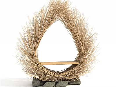 Garden Decor Woven Straw Teardrop Shaped Structure With Wooden Shelf Supported by Stone Base 3d model