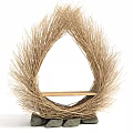 Garden Decor Woven Straw Teardrop Shaped Structure With Wooden Shelf Supported by Stone Base