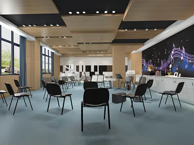 Modern Music Classroom With Chairs Pianos And Note Decor 3d model