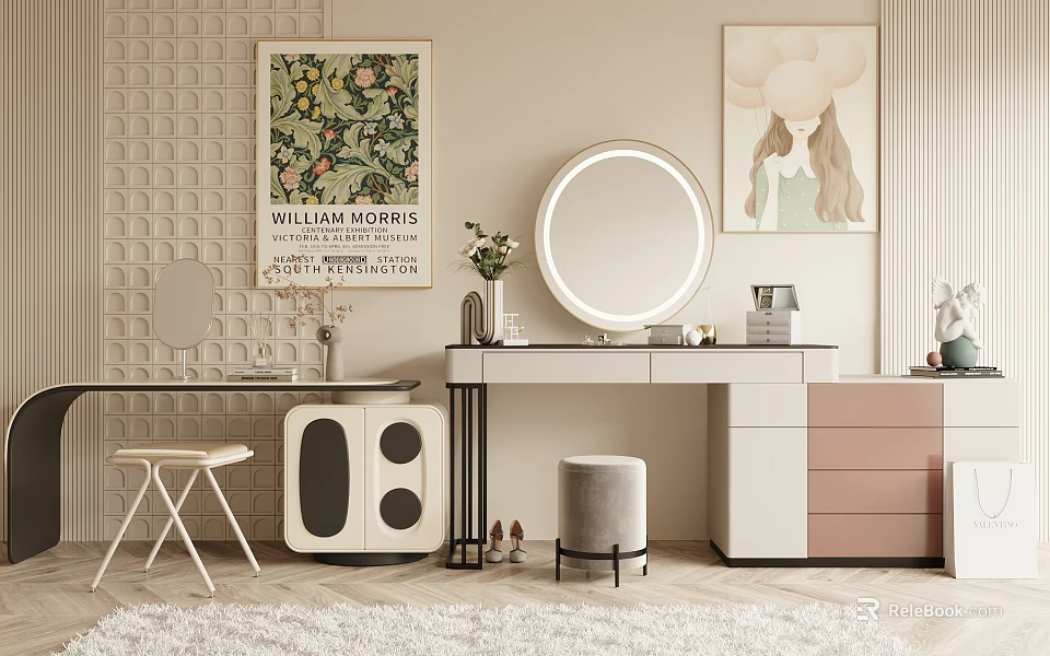 Modern Dressing Table With Circular Mirror Decorative Paintings Stool Vase And Storage Cabinets 3d model 