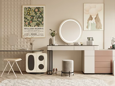 Modern Dressing Table With Circular Mirror Decorative Paintings Stool Vase And Storage Cabinets 3d model