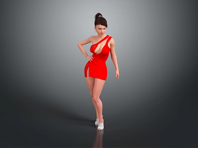 Woman Posing in Red One Shoulder Dress with Elegant Posture and White Shoes 3d model