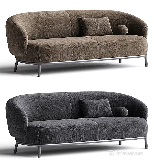 Brown and Gray Two Seater Sofa with Soft Cushions Round Bolster and Metal Legs Modern Design 3d model 