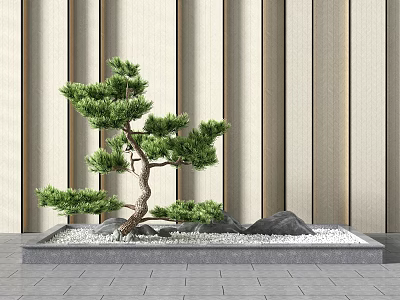Decorative Garden Ornament With Bonsai Pine Tree Stones White Pebbles Rectangular Basin And Striped Wall 3d model