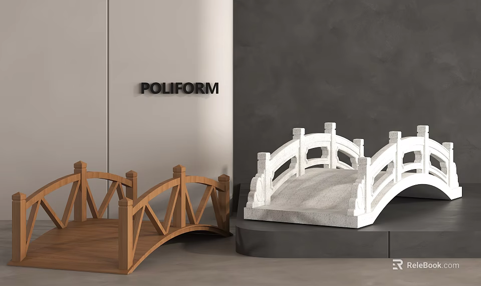 Elegant Arched Wooden and Stone Landscape Bridges with Modern Railings Design 3d model 