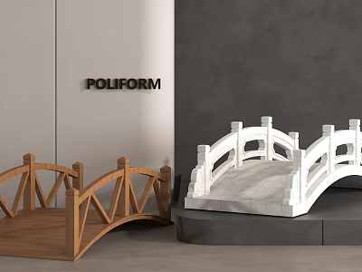 Elegant Arched Wooden and Stone Landscape Bridges with Modern Railings Design 3d model