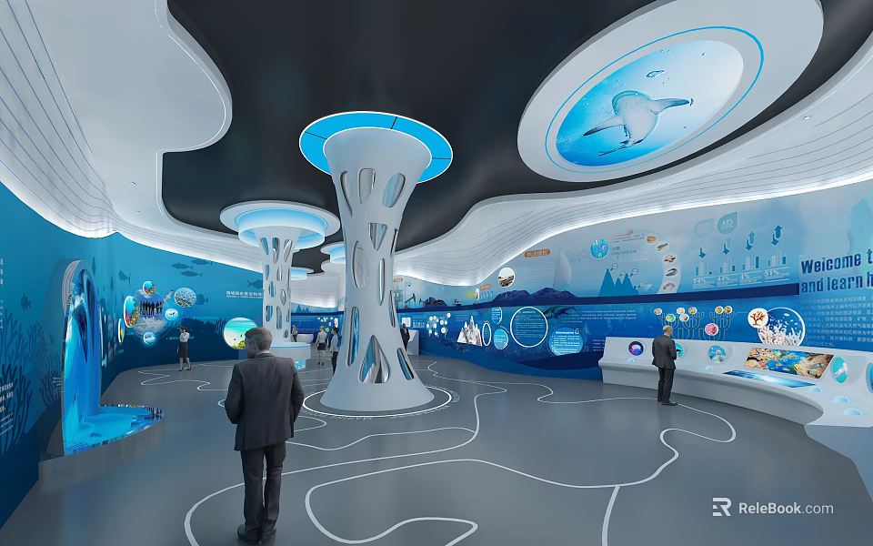 Modern Exhibition Hall Interior With Curved Design Blue Elements And Interactive Displays 3d model
