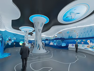 Modern Exhibition Hall Interior With Curved Design Blue Elements And Interactive Displays 3d model
